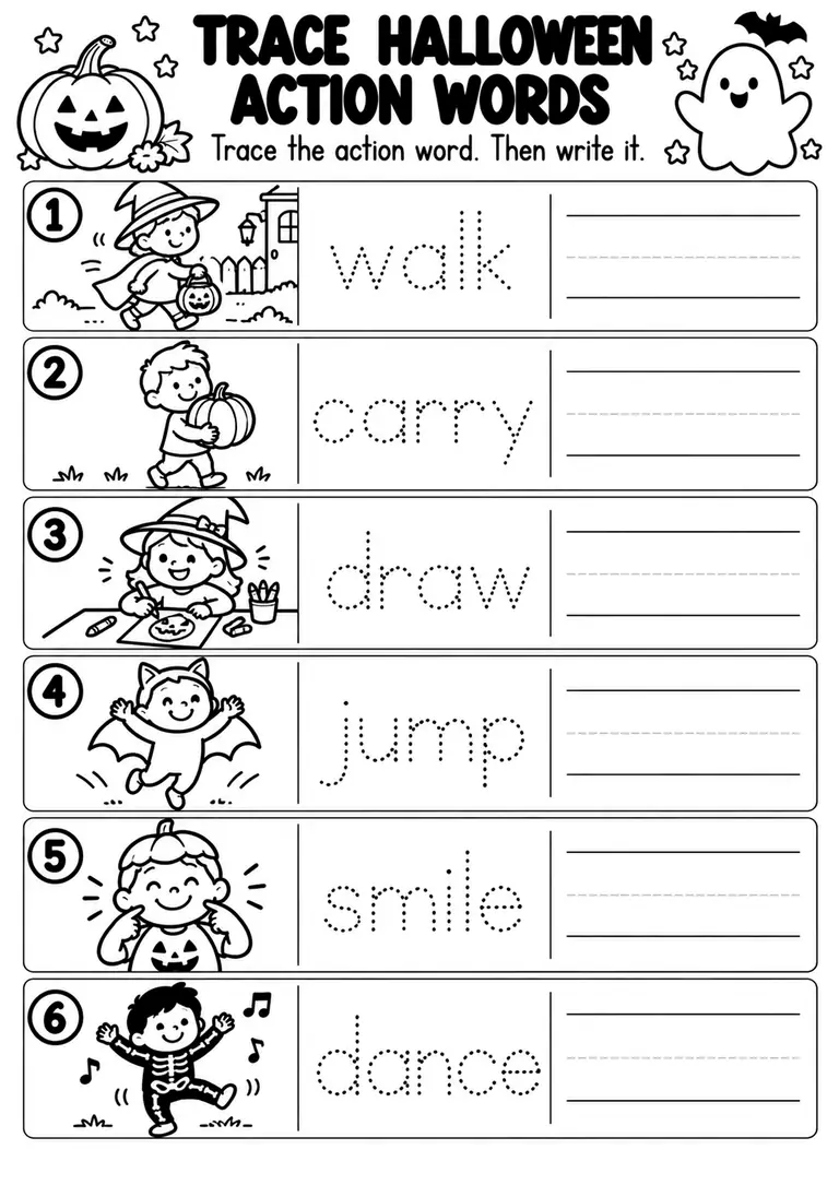 Trace Halloween Action Words for Preschool, Kindergarten, 1st Grade