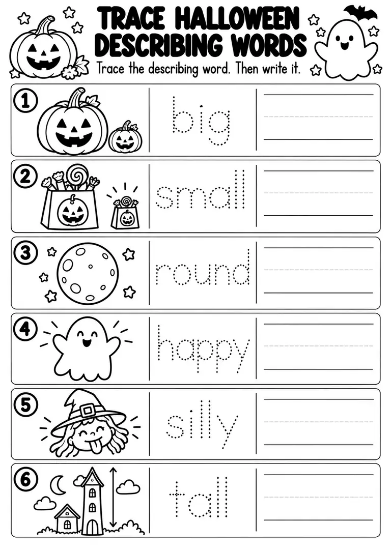 Trace Halloween Describing Words for Preschool, Kindergarten, 1st Grade