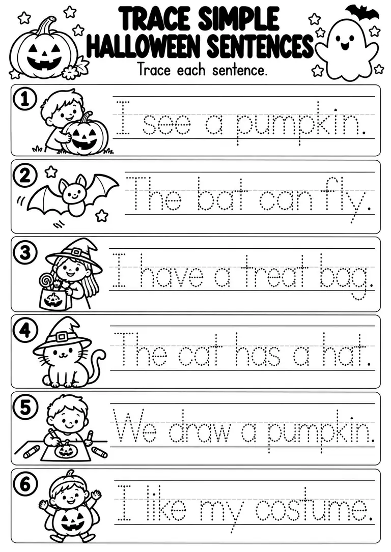 Trace Simple Halloween Sentences for Preschool, Kindergarten, 1st Grade
