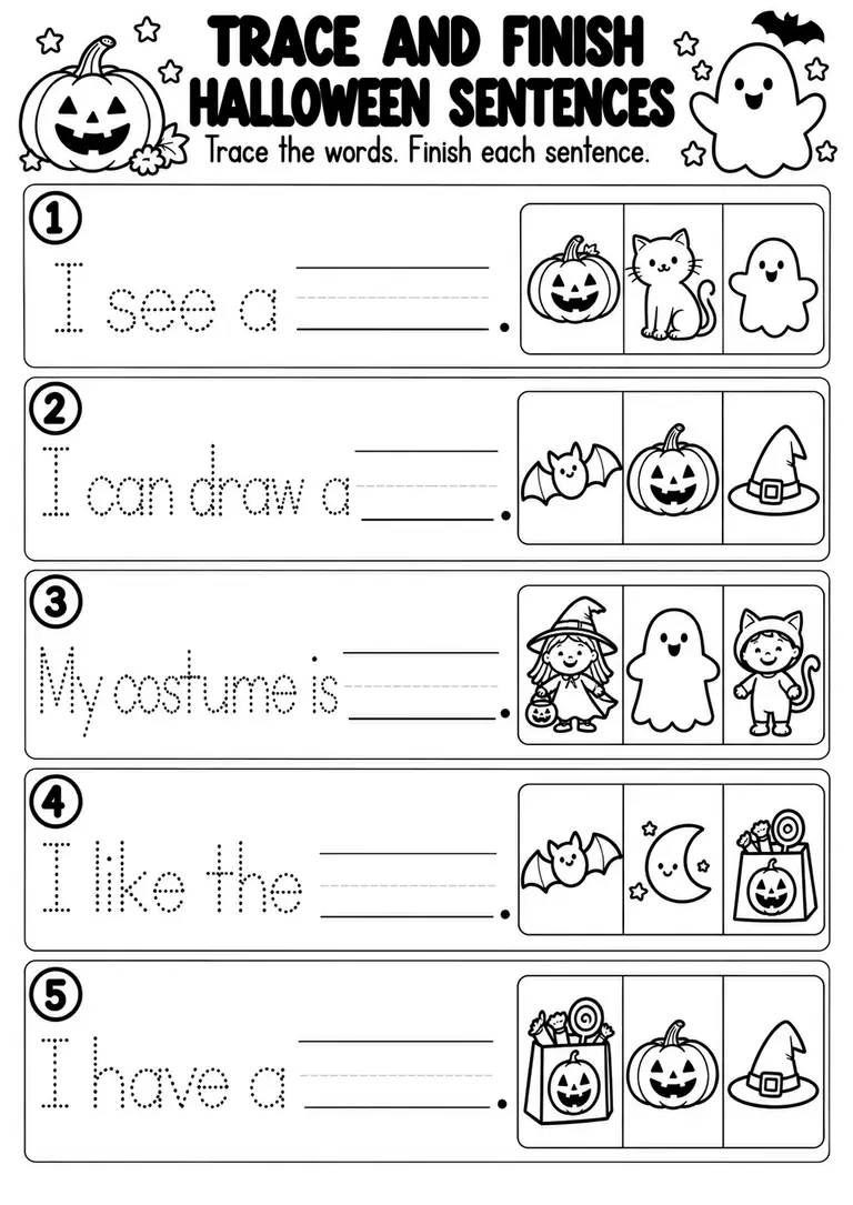 Trace and Finish Halloween Sentences for Preschool, Kindergarten, 1st Grade