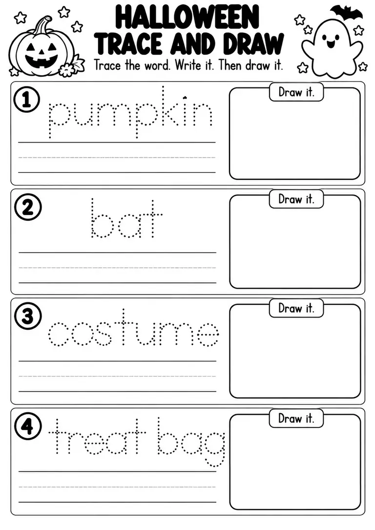 Halloween Trace and Draw for Preschool, Kindergarten, 1st Grade
