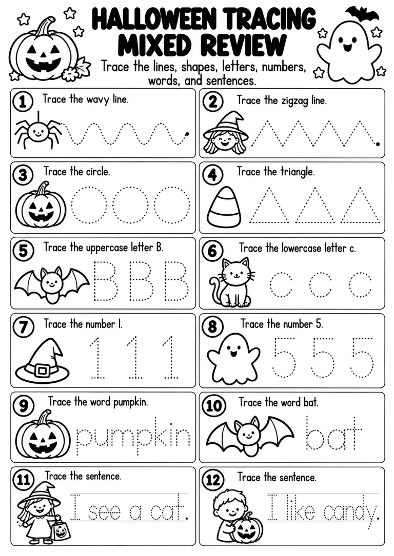 Halloween Tracing Mixed Review for Preschool, Kindergarten, 1st Grade