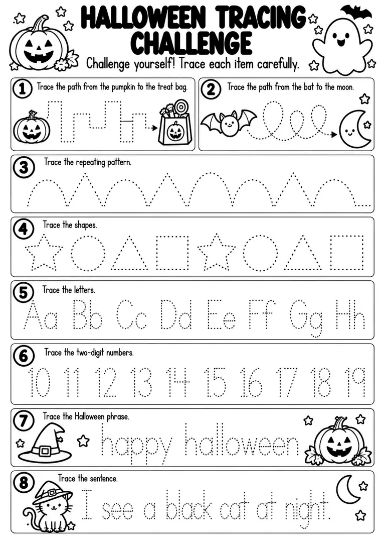 Halloween Tracing Challenge for Preschool, Kindergarten, 1st Grade