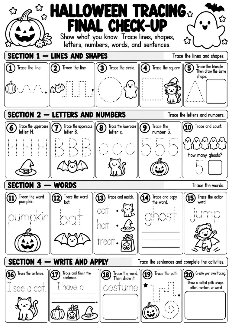 Halloween Tracing Final Check-Up for Preschool, Kindergarten, 1st Grade