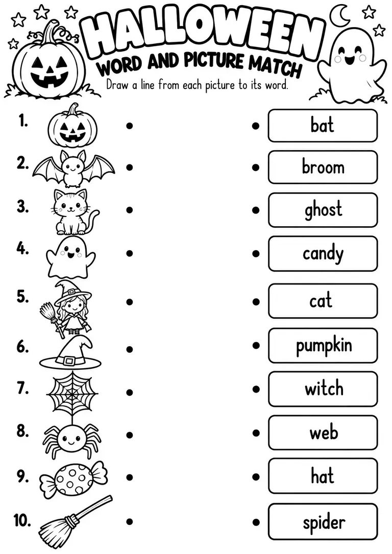 Halloween Word and Picture Match for Kindergarten, 1st Grade