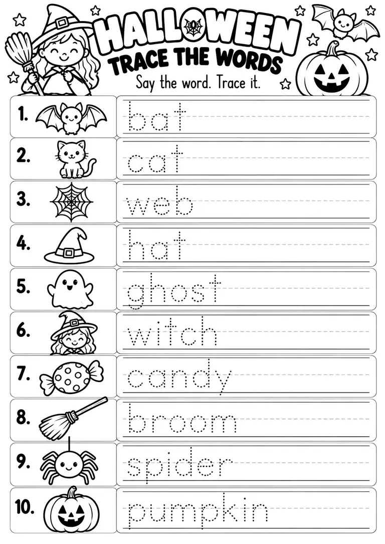 Halloween Trace the Words WORKSHEET for Kindergarten, 1st Grade