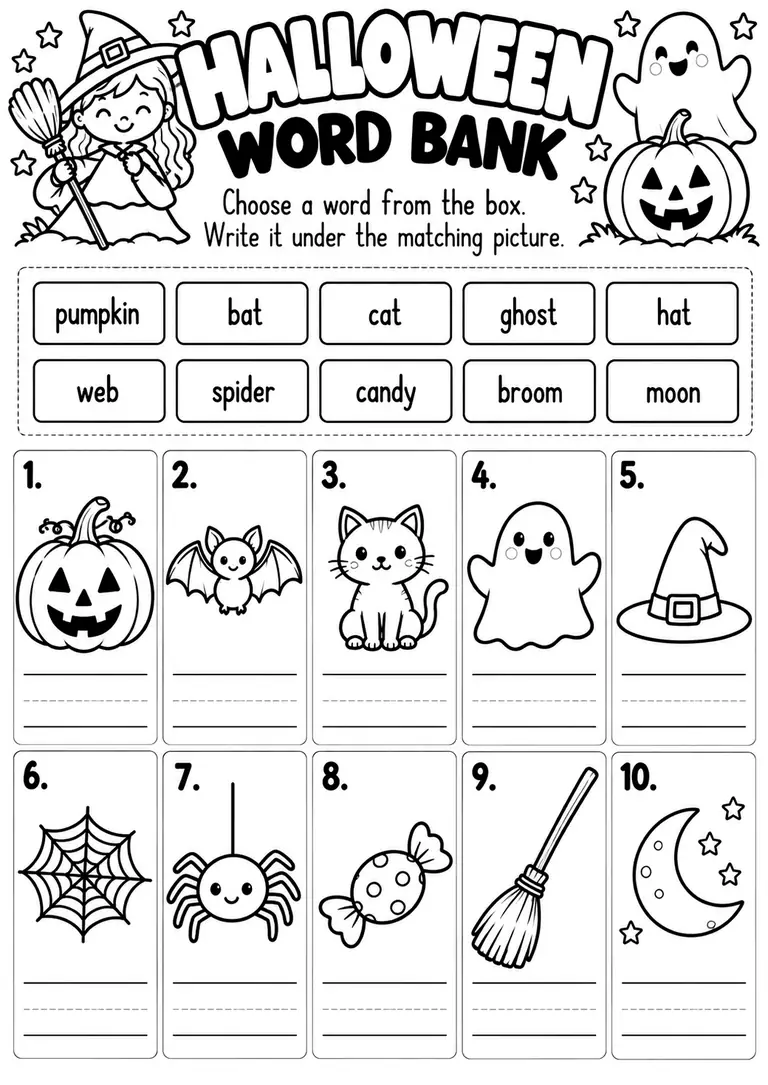 Halloween Word Bank for Kindergarten, 1st Grade
