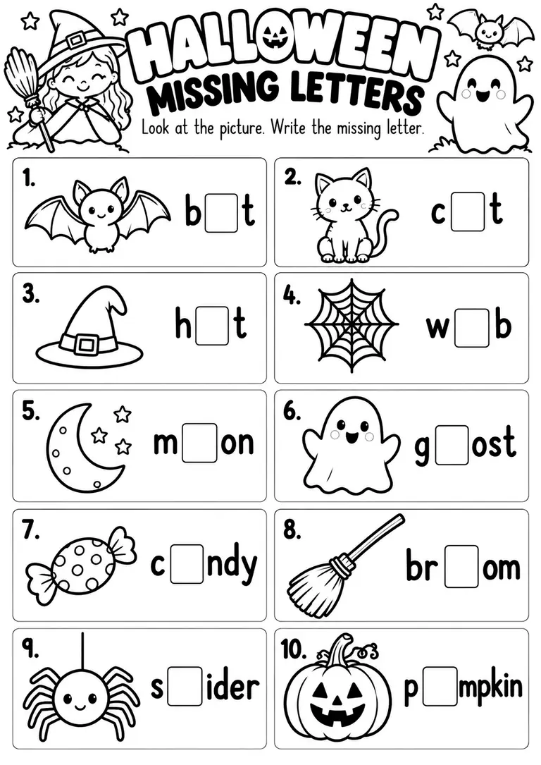 Halloween Missing Letters for Kindergarten, 1st Grade