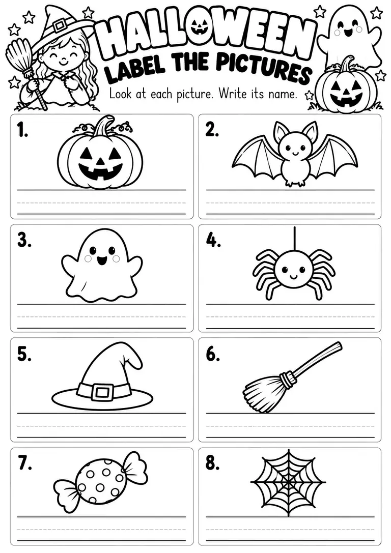 Halloween Label the Pictures PRINTABLE for Kindergarten, 1st Grade