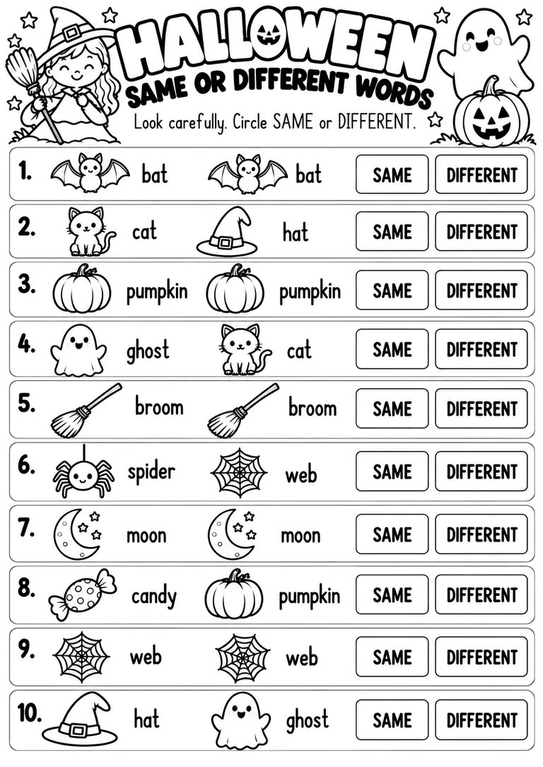 Halloween Same or Different Words for Kindergarten, 1st Grade