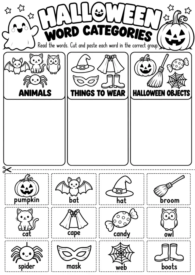 Halloween Word Categories for Kindergarten, 1st Grade