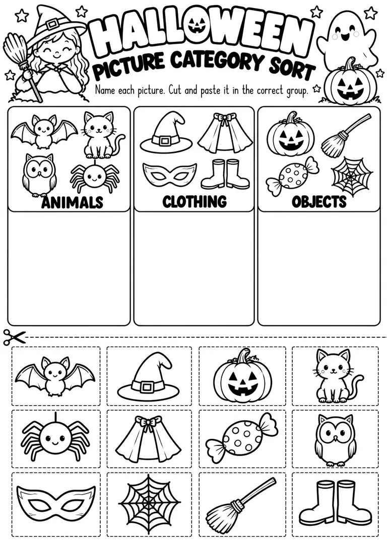 Halloween Picture Category Sort for Kindergarten, 1st Grade