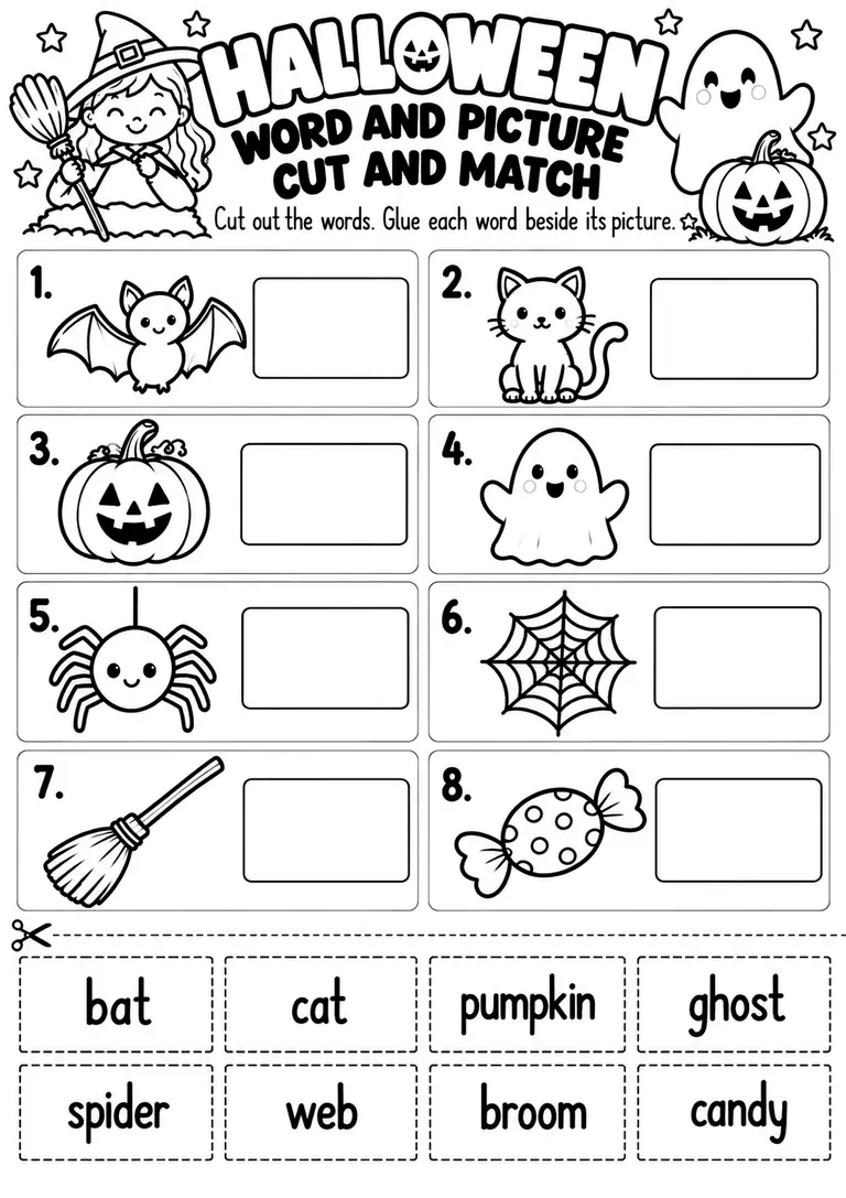 Halloween Word and Picture Cut and Match for Kindergarten, 1st Grade