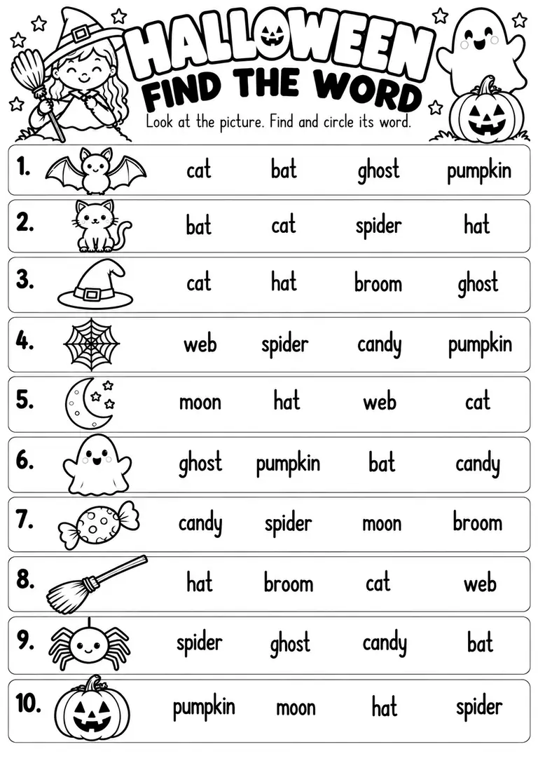 Halloween Find the Word for Kindergarten, 1st Grade