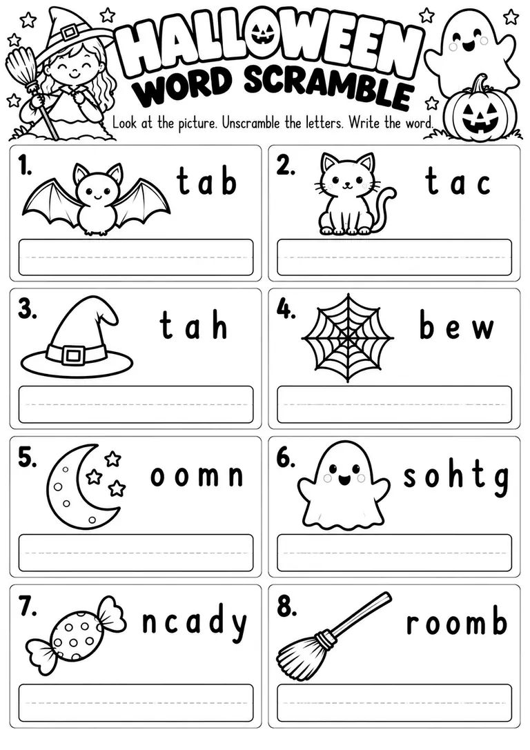 Halloween Word Scramble for Kindergarten, 1st Grade