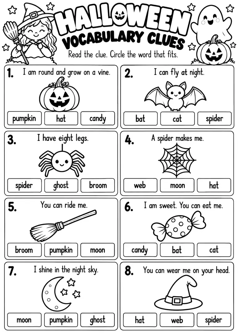 Halloween Vocabulary Clues for Kindergarten, 1st Grade