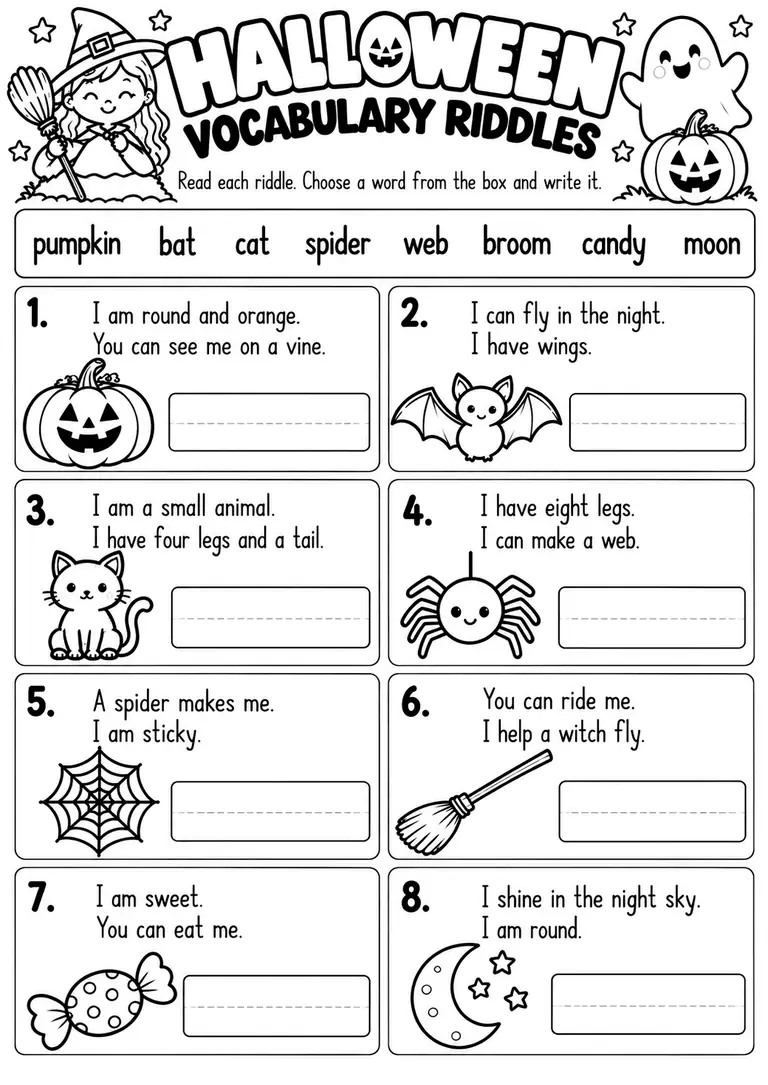 Halloween Vocabulary Riddles for Kindergarten, 1st Grade