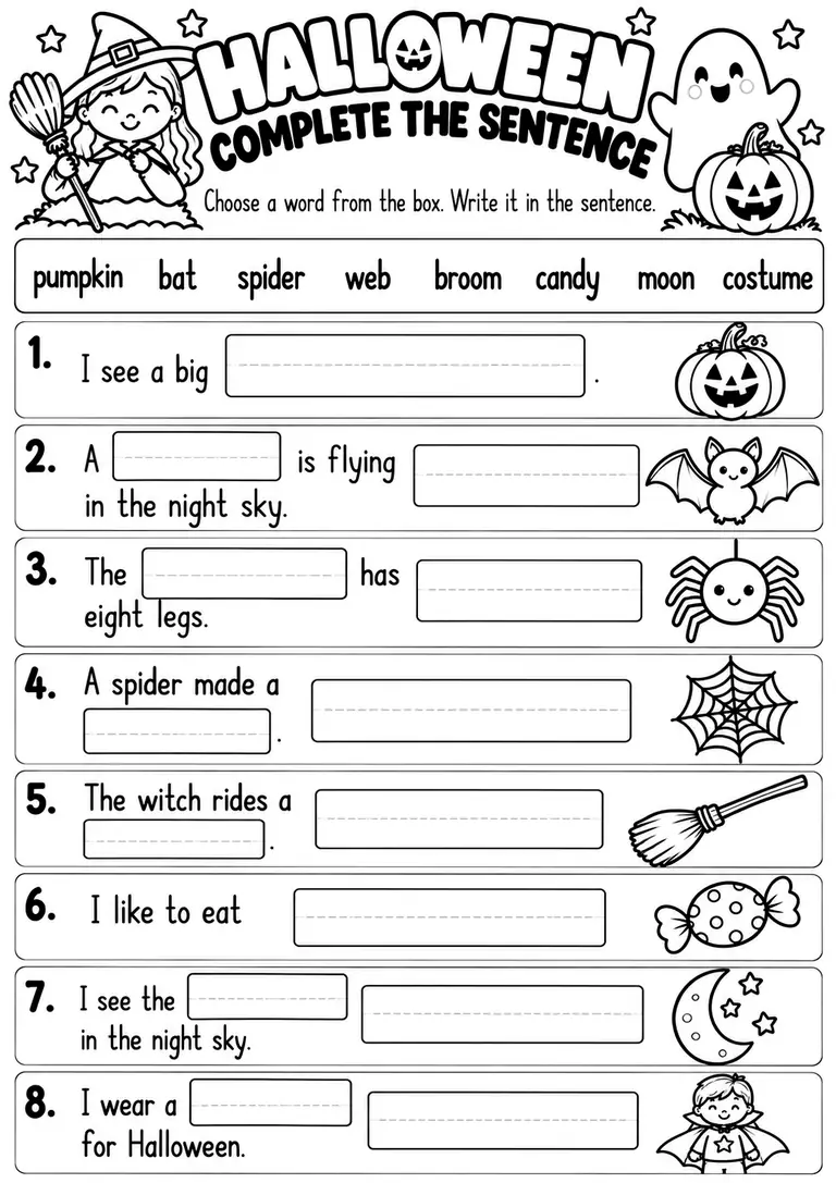 Halloween Complete the Sentence WORKSHEET for Kindergarten, 1st Grade