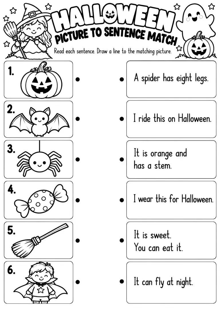Halloween Picture to Sentence Match for Kindergarten, 1st Grade