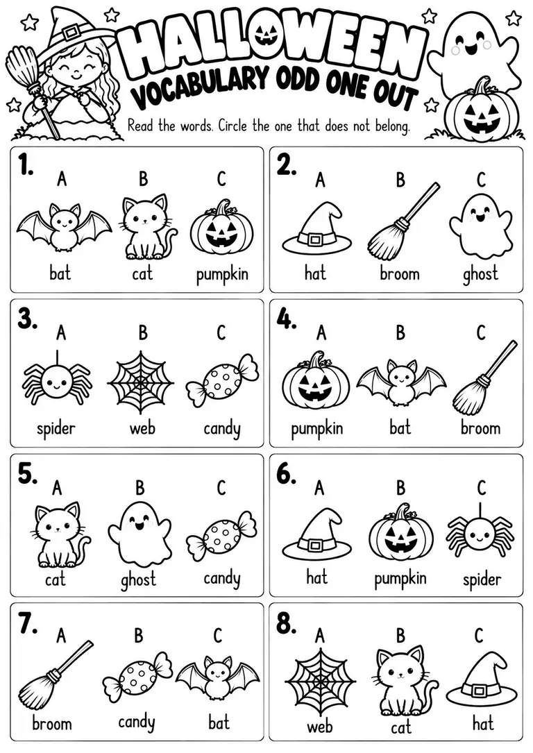 Halloween Vocabulary Odd One Out for Kindergarten, 1st Grade