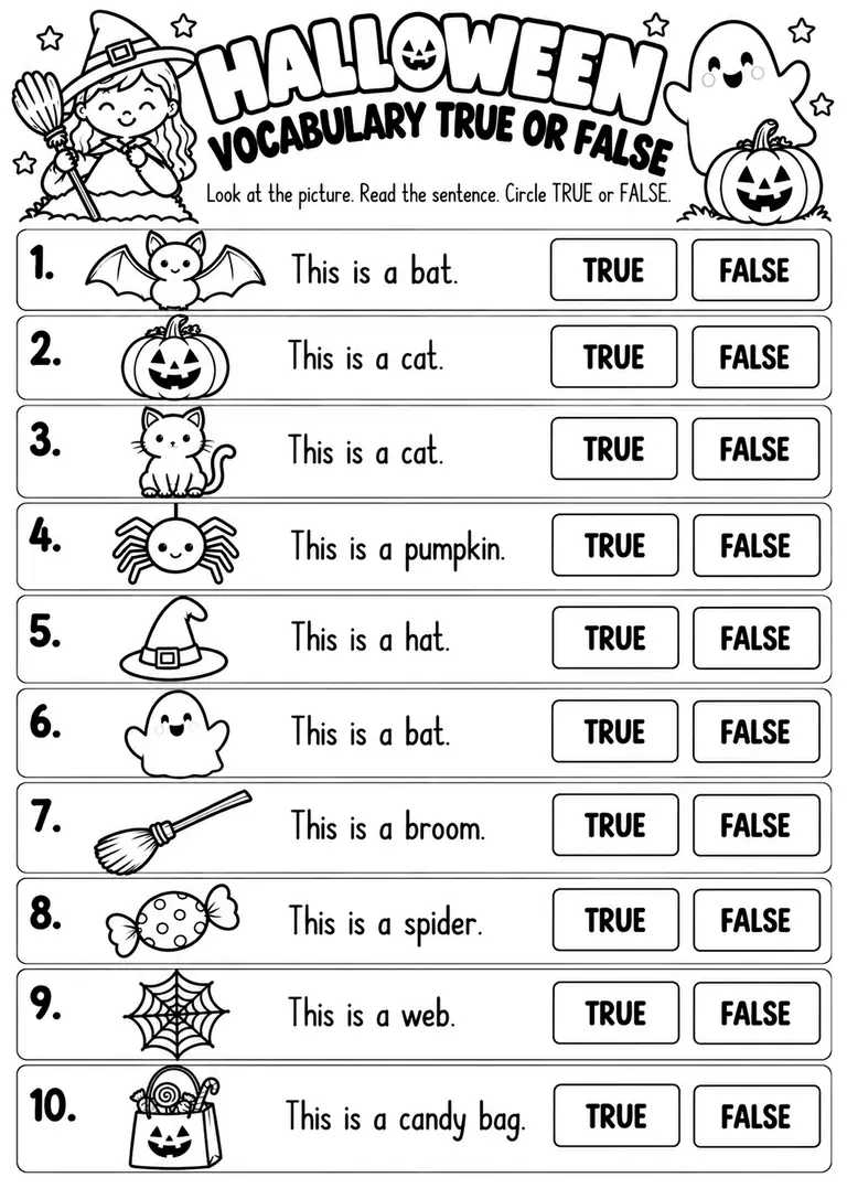 Halloween Vocabulary True or False for Kindergarten, 1st Grade