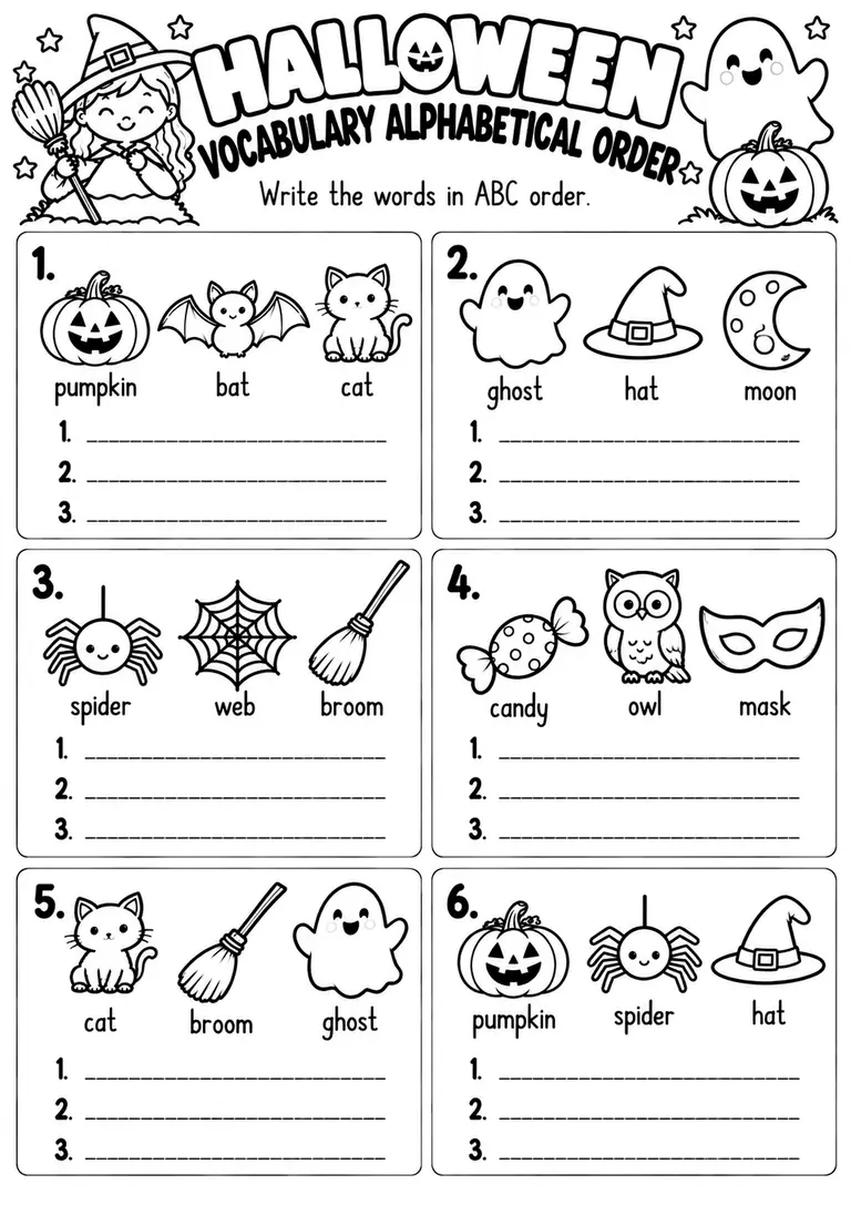 Halloween Vocabulary Alphabetical Order for Kindergarten, 1st Grade