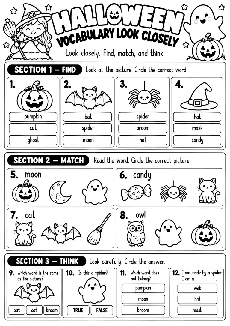 Halloween Vocabulary Look Closely for Kindergarten, 1st Grade