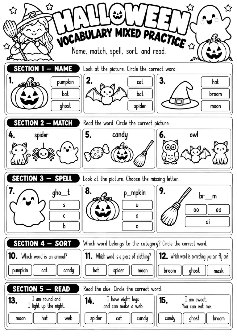 Halloween Vocabulary Mixed Practice for Kindergarten, 1st Grade