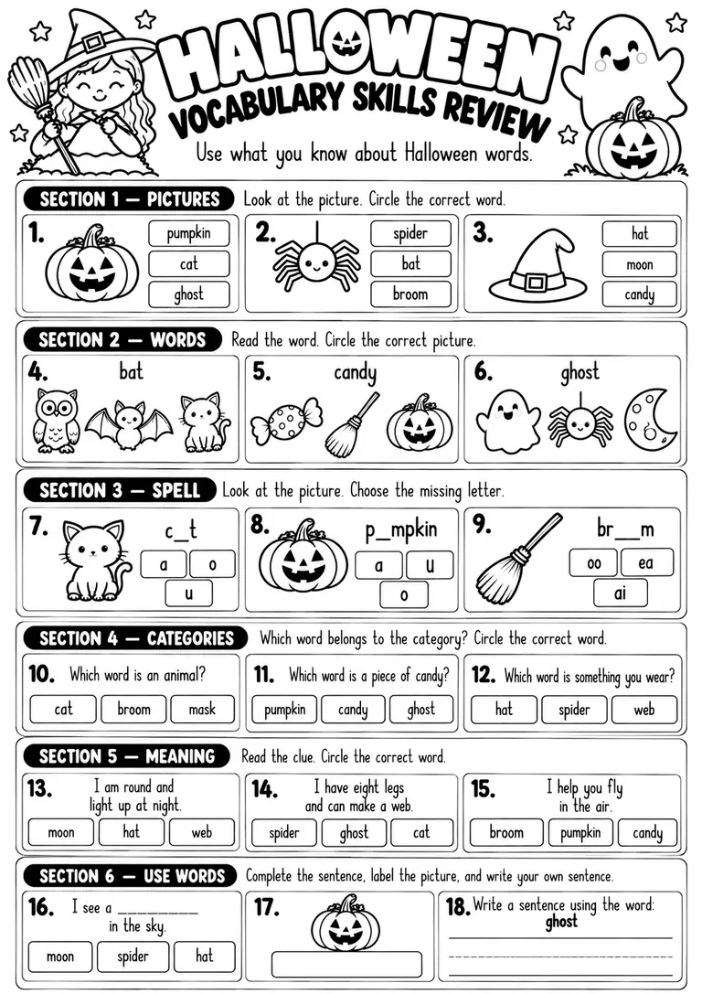Halloween Vocabulary Skills Review for Kindergarten, 1st Grade