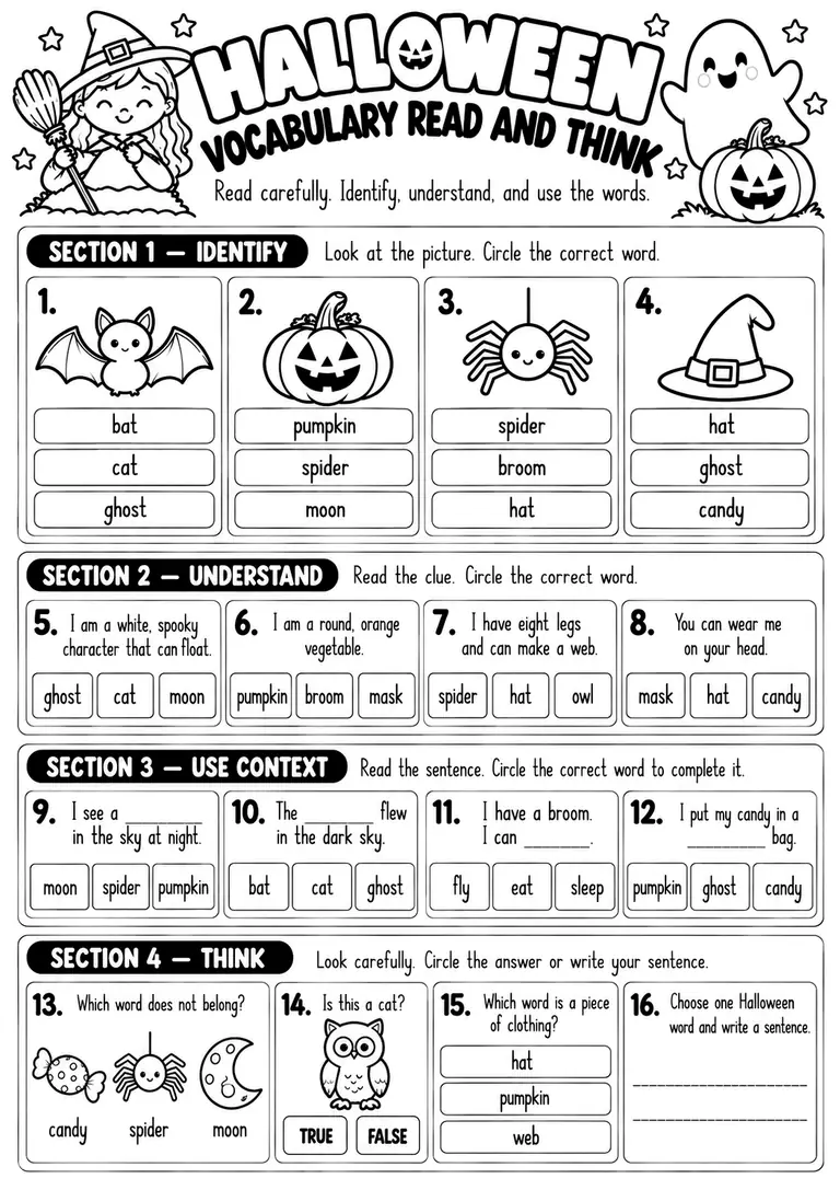 Halloween Vocabulary Read and Think for Kindergarten, 1st Grade