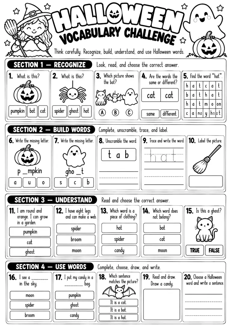 Halloween Vocabulary Challenge for Kindergarten, 1st Grade