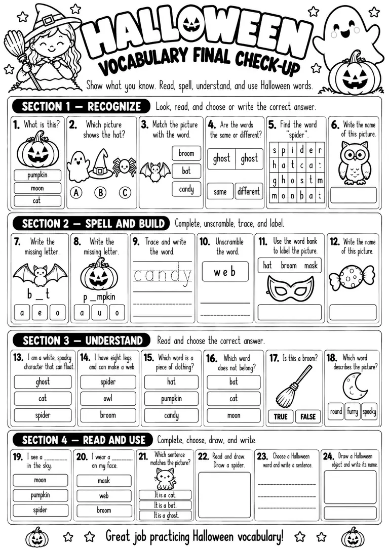 Halloween Vocabulary Final Check-Up for Kindergarten, 1st Grade