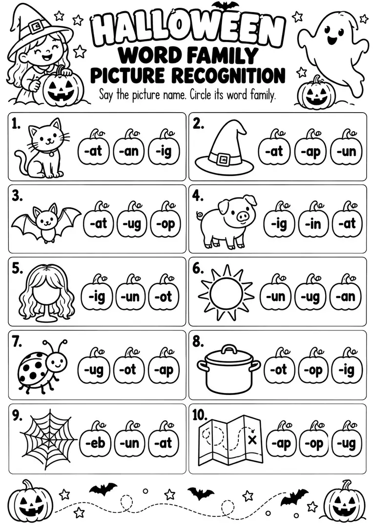 HALLOWEEN WORD FAMILY PICTURE RECOGNITION for Kindergarten, 1st Grade