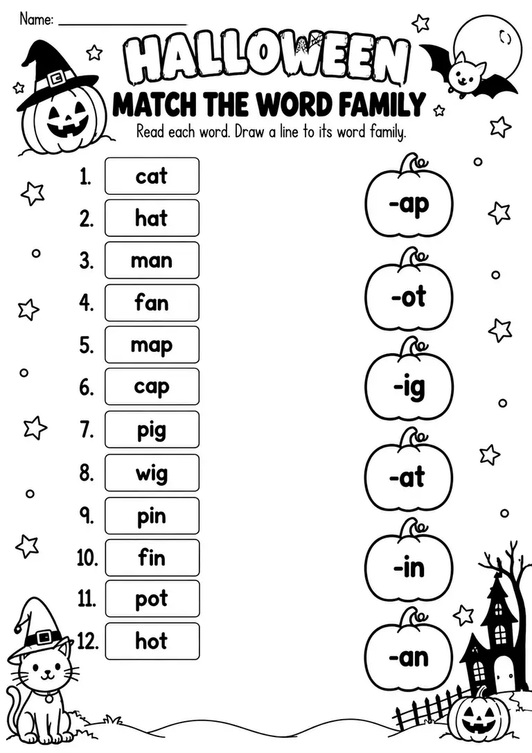 HALLOWEEN MATCH THE WORD FAMILY for Kindergarten, 1st Grade