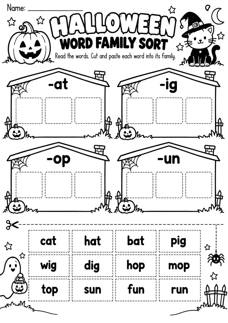 HALLOWEEN WORD FAMILY SORT PRINTABLE for Kindergarten, 1st Grade