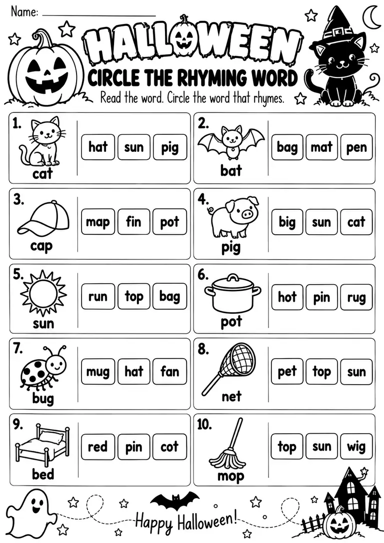 HALLOWEEN CIRCLE THE RHYMING WORD WORKSHEET for Kindergarten, 1st Grade