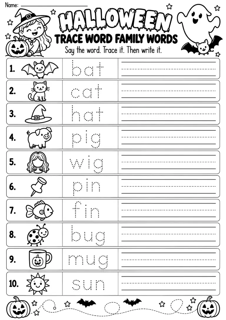 HALLOWEEN TRACE WORD FAMILY WORDS for Kindergarten, 1st Grade