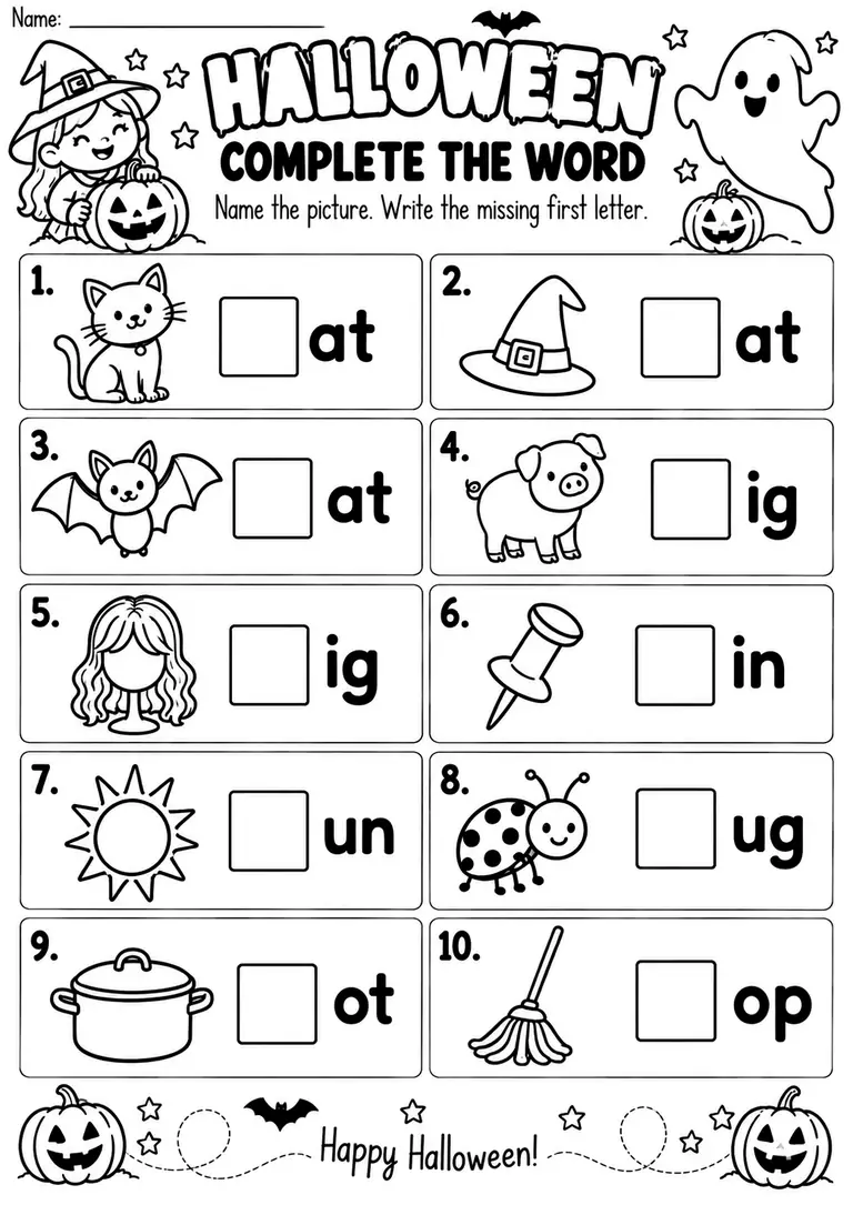 HALLOWEEN COMPLETE THE WORD for Kindergarten, 1st Grade