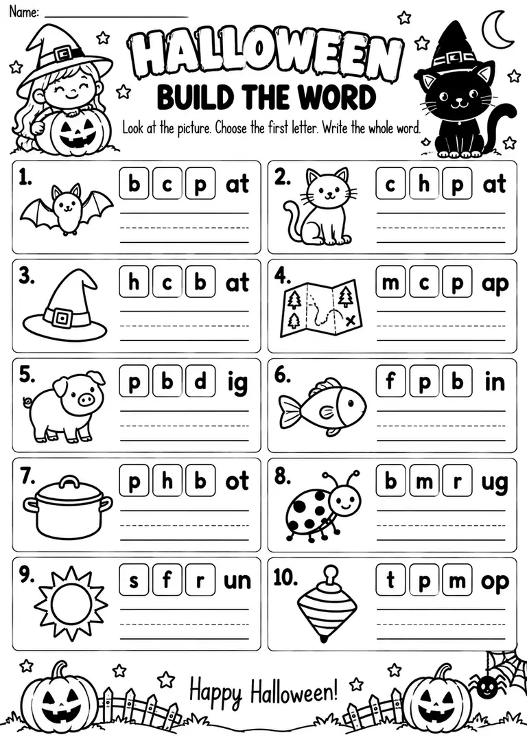 HALLOWEEN BUILD THE WORD for Kindergarten, 1st Grade