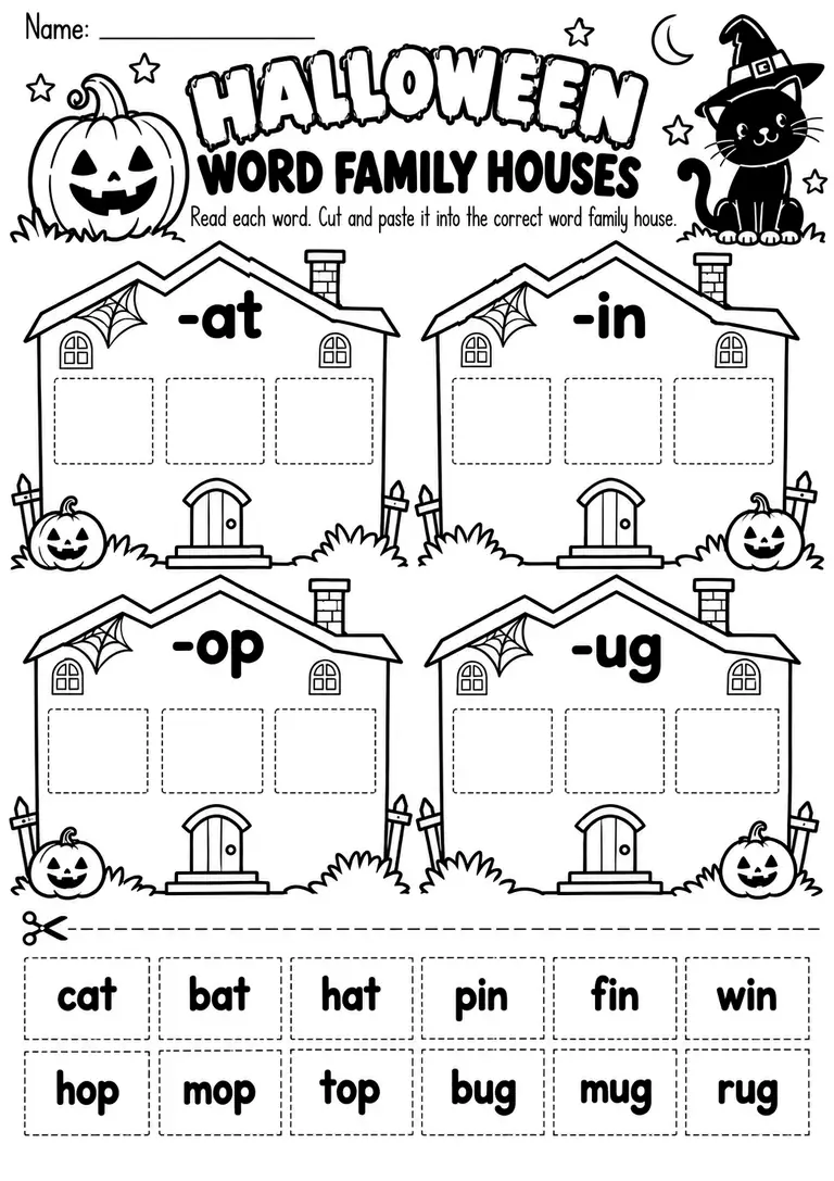 HALLOWEEN WORD FAMILY HOUSES WORKSHEET for Kindergarten, 1st Grade