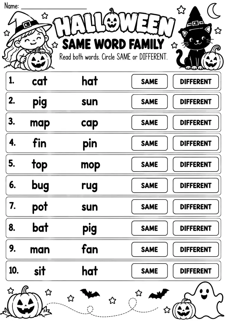 HALLOWEEN SAME WORD FAMILY for Kindergarten, 1st Grade