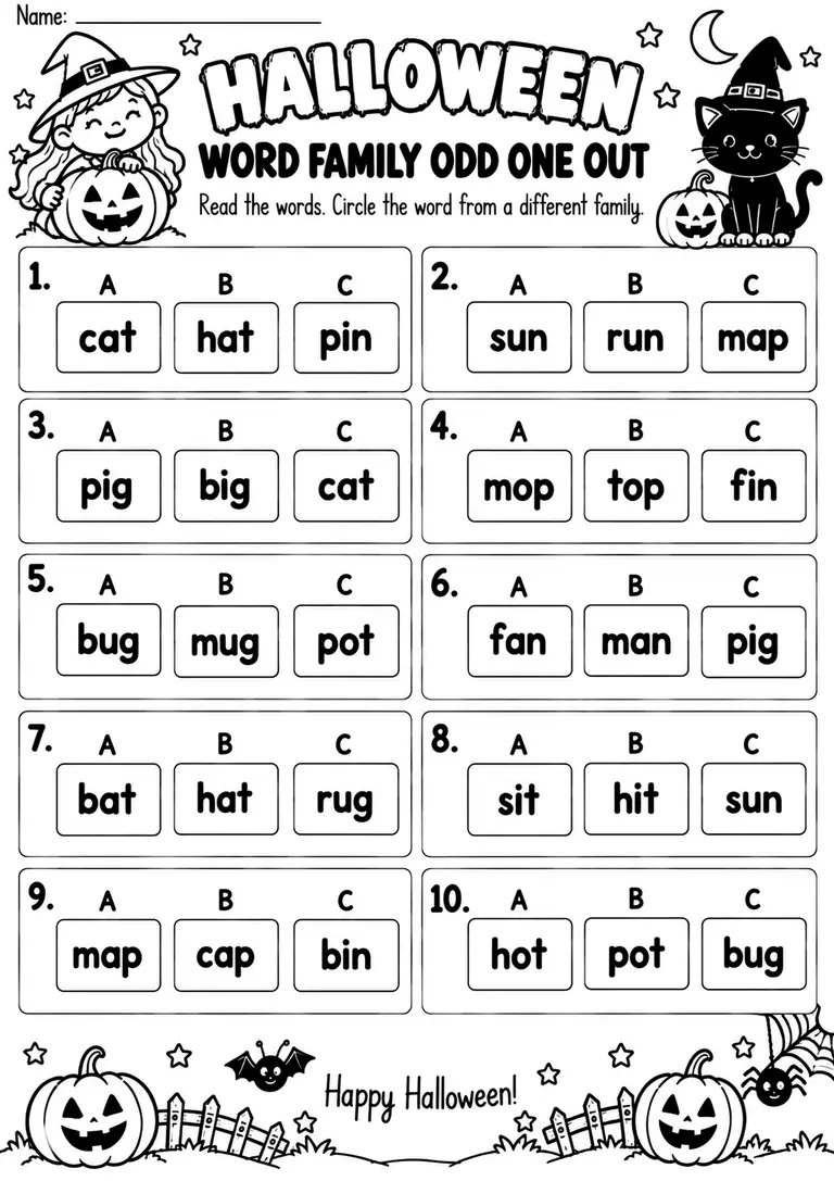 HALLOWEEN WORD FAMILY ODD ONE OUT for Kindergarten, 1st Grade