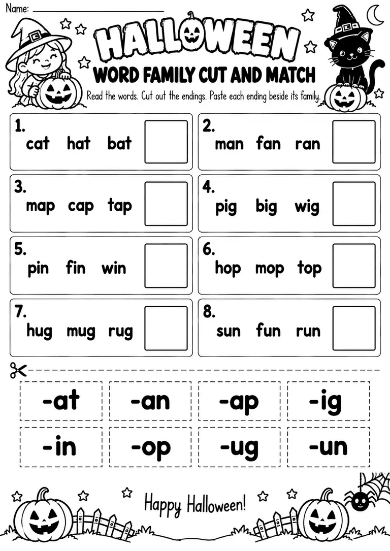 HALLOWEEN WORD FAMILY CUT AND MATCH for Kindergarten, 1st Grade