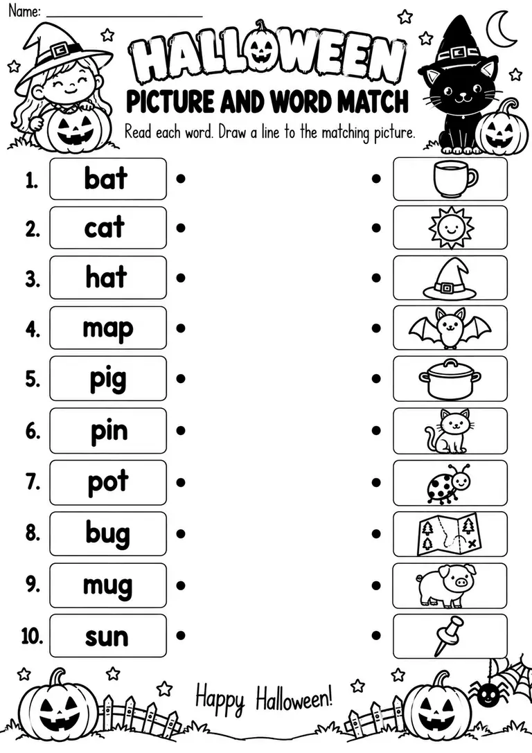 HALLOWEEN PICTURE AND WORD MATCH for Kindergarten, 1st Grade