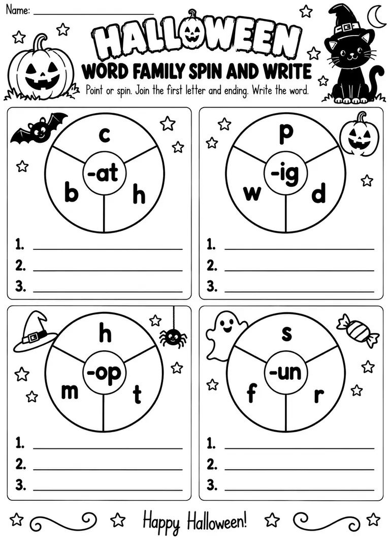 HALLOWEEN WORD FAMILY SPIN AND WRITE for Kindergarten, 1st Grade