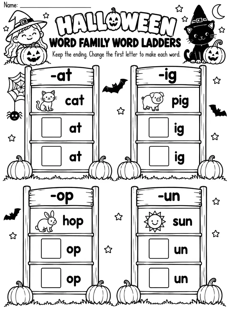 HALLOWEEN WORD FAMILY WORD LADDERS for Kindergarten, 1st Grade