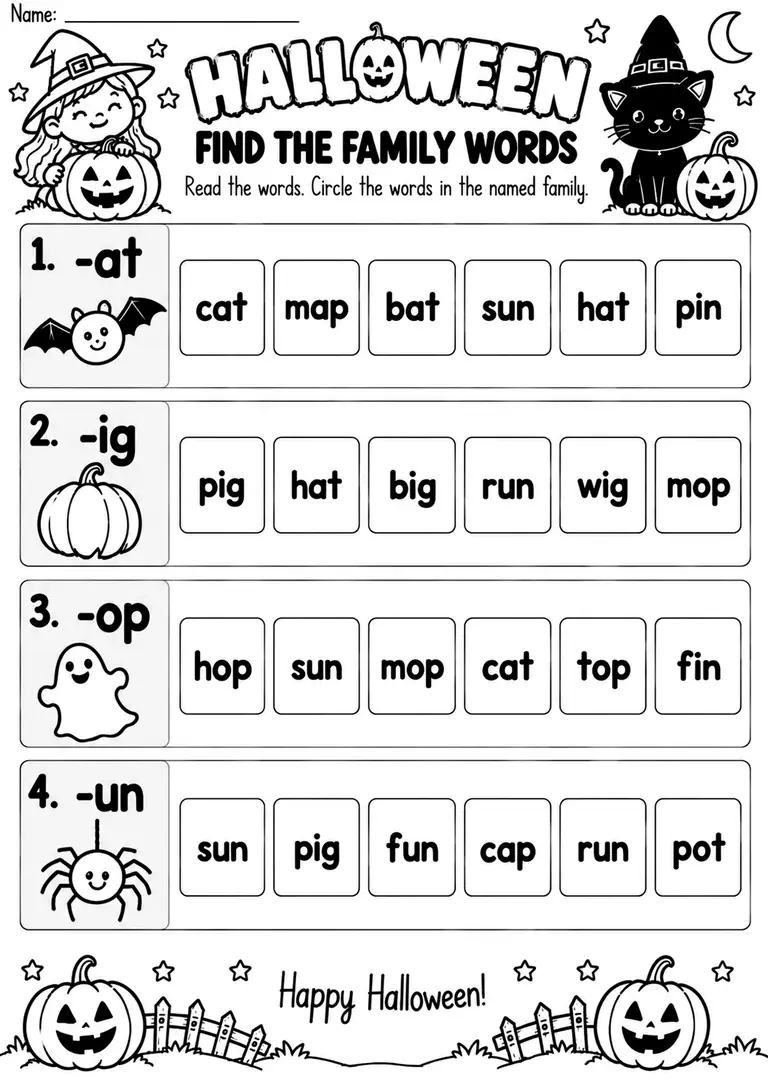 HALLOWEEN FIND THE FAMILY WORDS for Kindergarten, 1st Grade