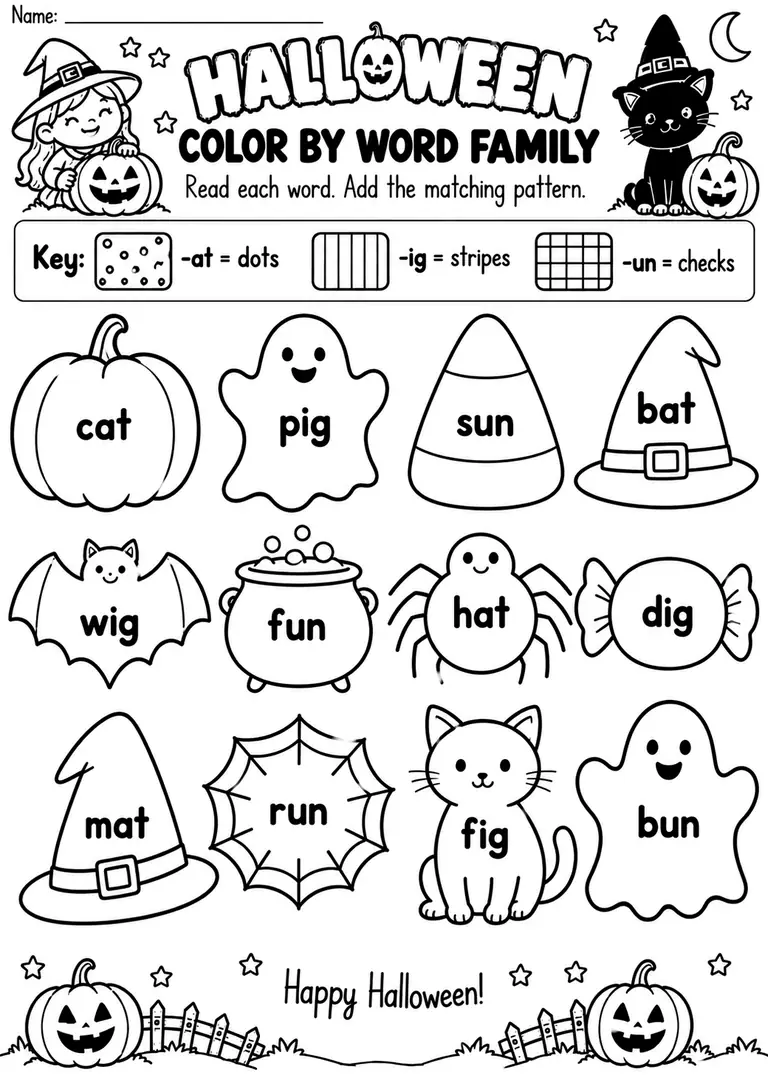 HALLOWEEN COLOR BY WORD FAMILY for Kindergarten, 1st Grade