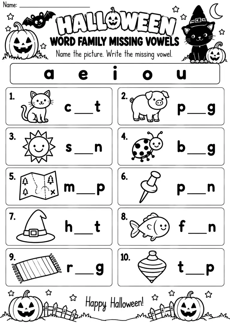 HALLOWEEN WORD FAMILY MISSING VOWELS for Kindergarten, 1st Grade
