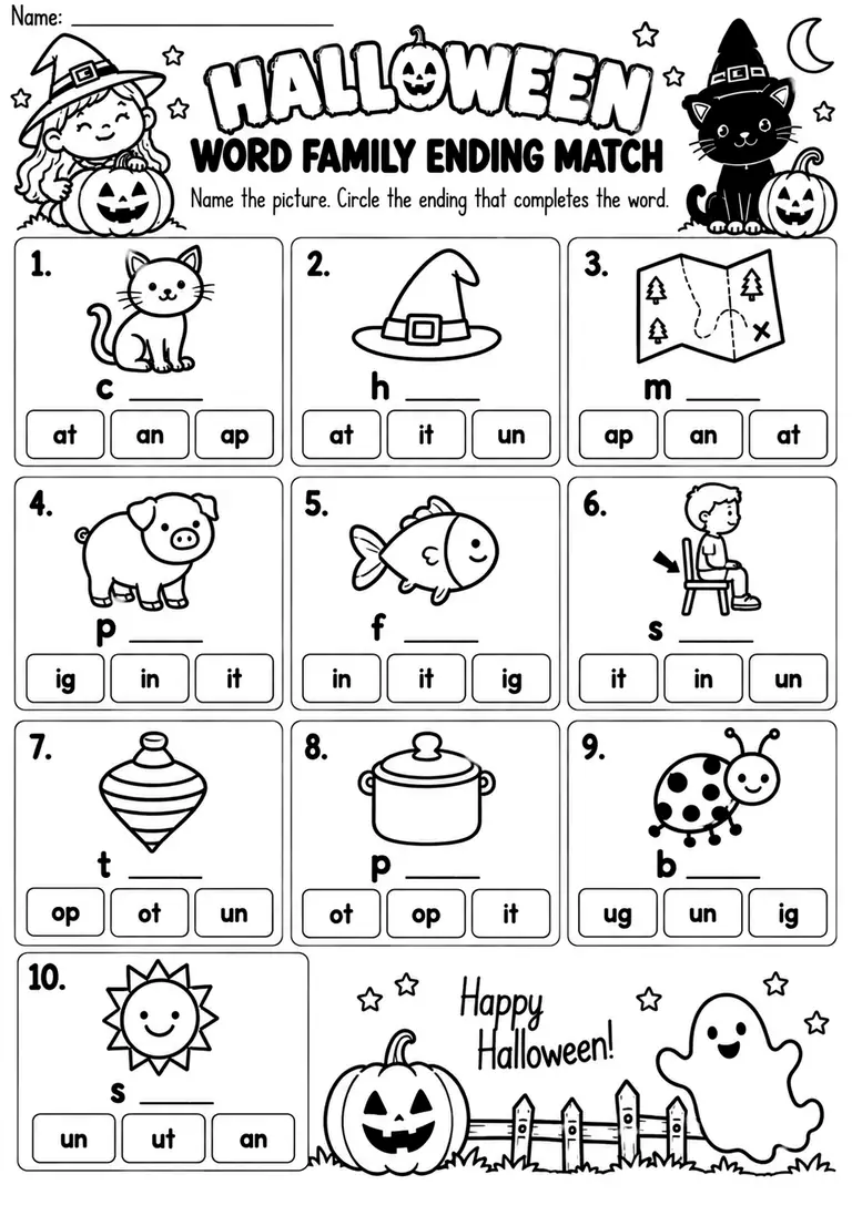 HALLOWEEN WORD FAMILY ENDING MATCH for Kindergarten, 1st Grade